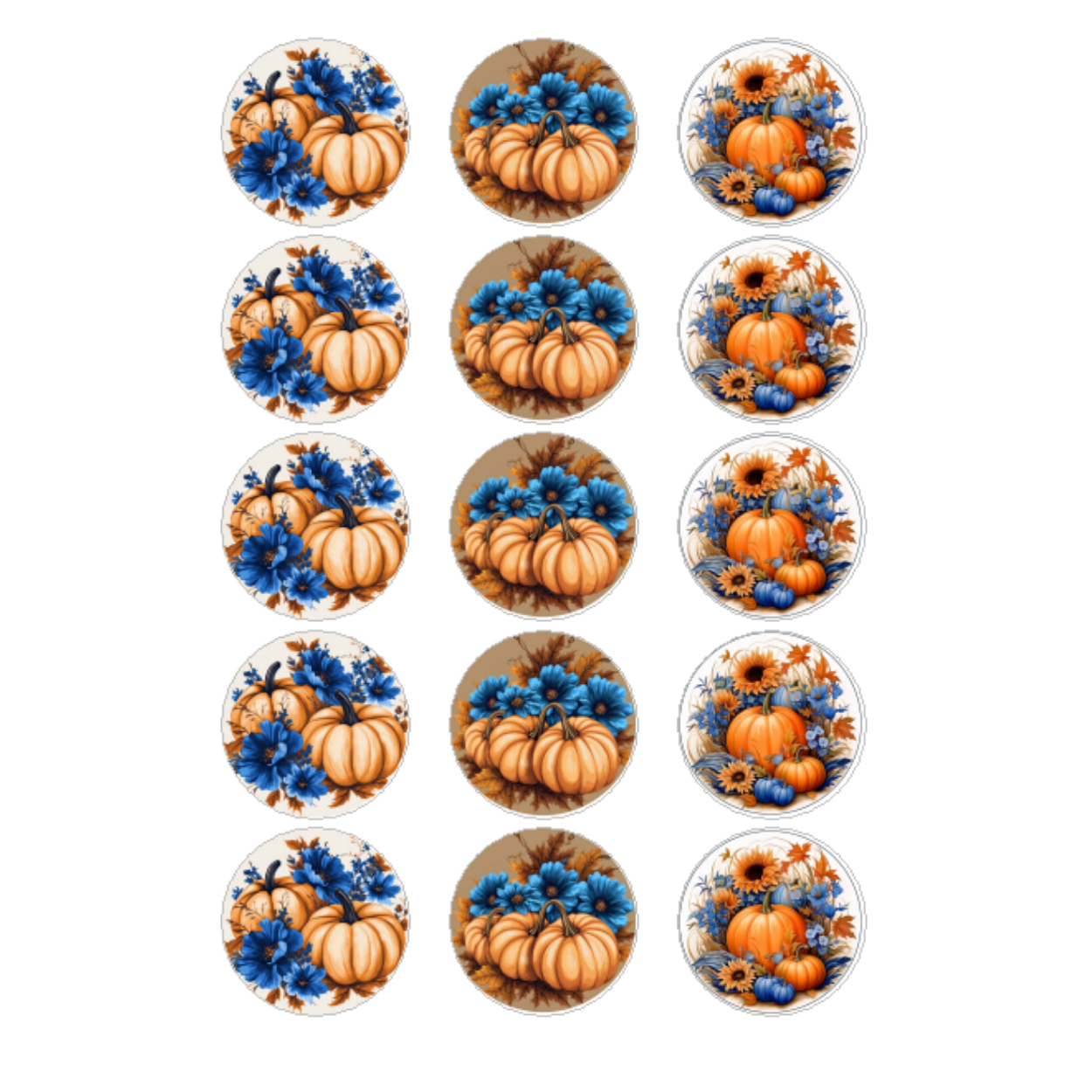 PUMPKINS AND BLUE FLOWERS